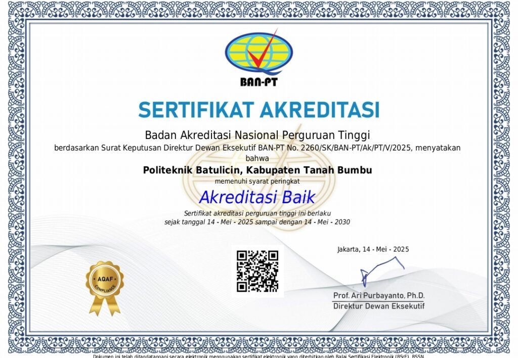 Sertifikat Akreditasi Baik Politeknik Batulicin per 14 Mei 2025. Foto: SE Polibali
